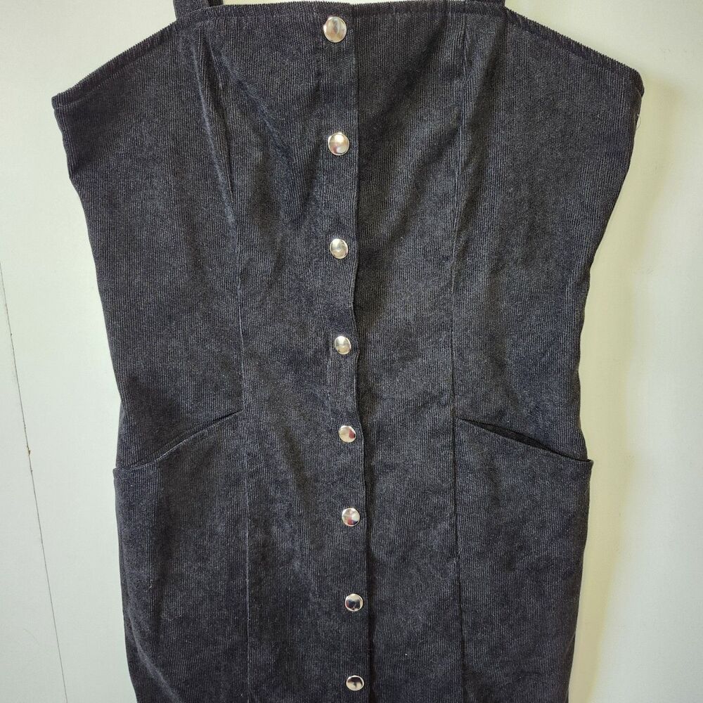 Black Corduroy Button Front Mini Dress Pinafore Style Pockets Size M - Picture 3 of 13